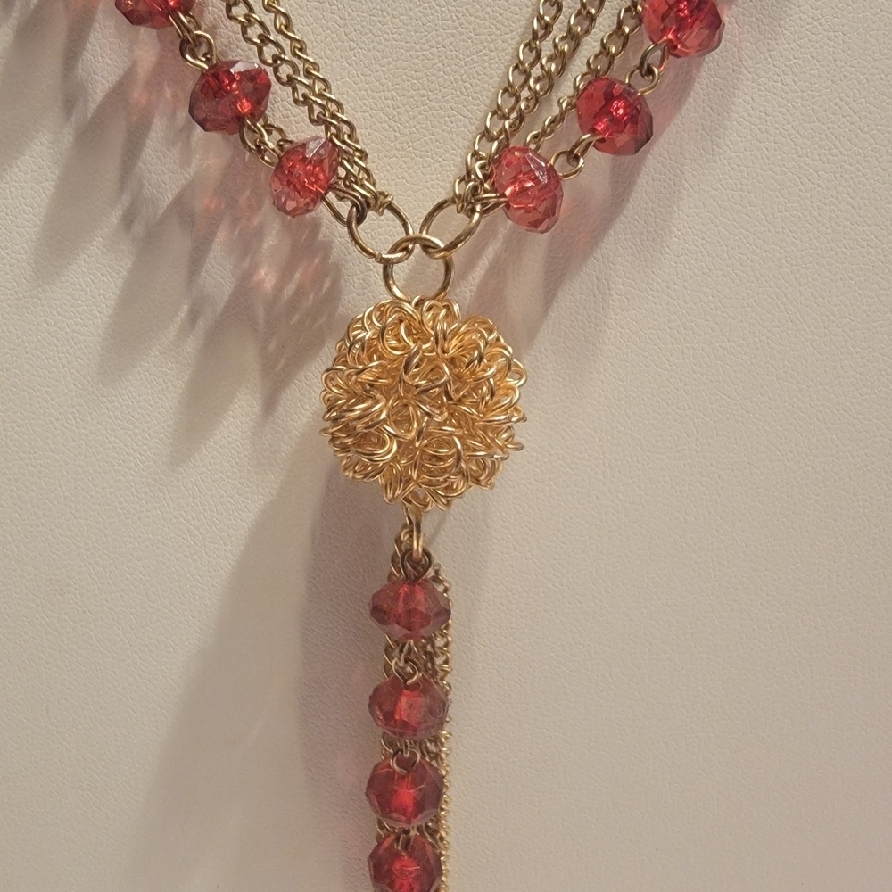 Antique Goldtone 4Chain and Rose Acrylic Bead Necklace with Goldball, Tassel - Picture 3 of 4